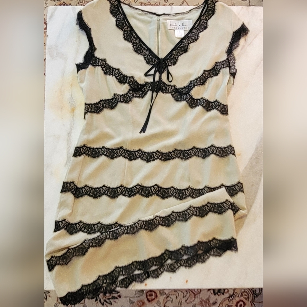 Y2K Nicole Miller Dress Creame with Black Lace Detail - Picture 6 of 13